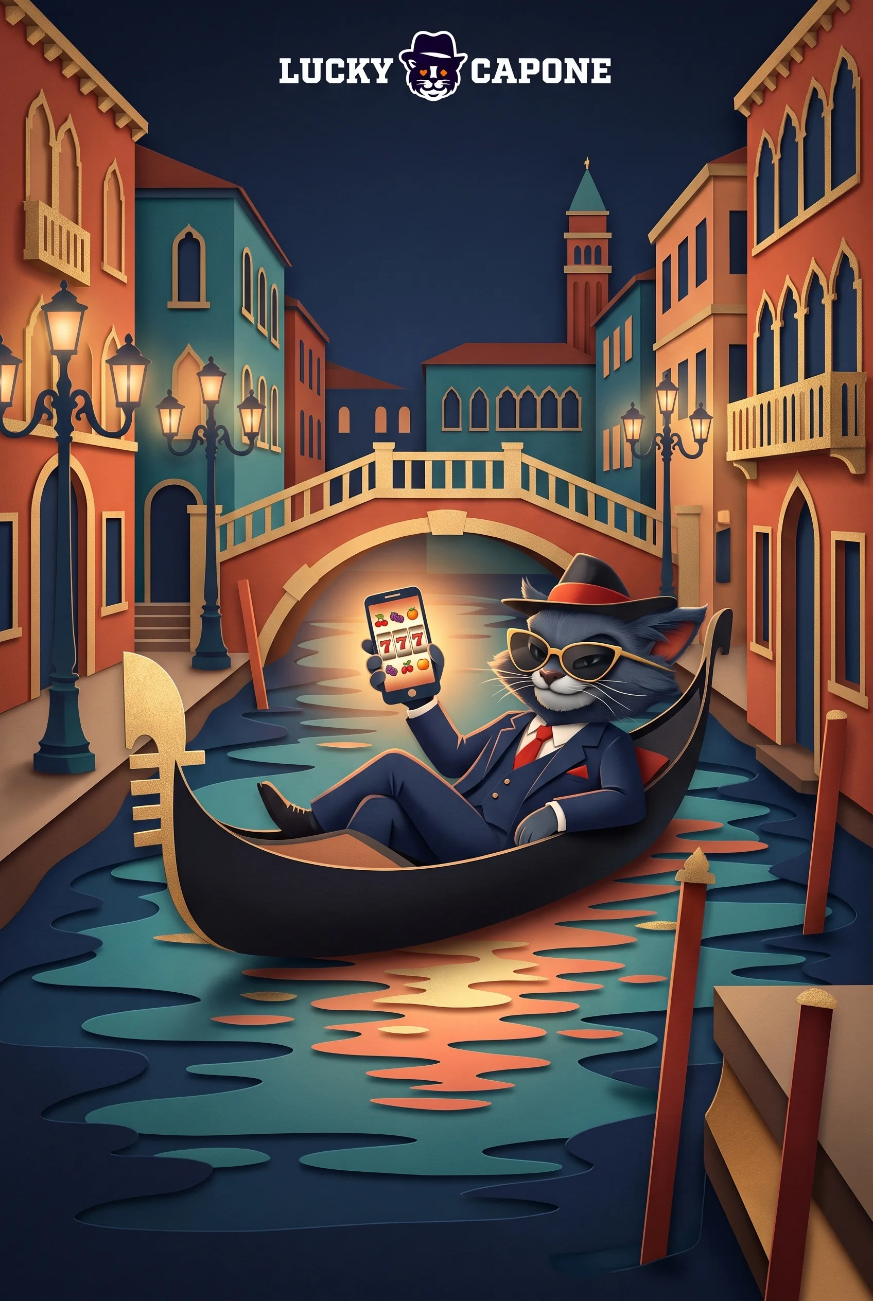 Gatto in gondola con uno smartphone sul canale veneziano