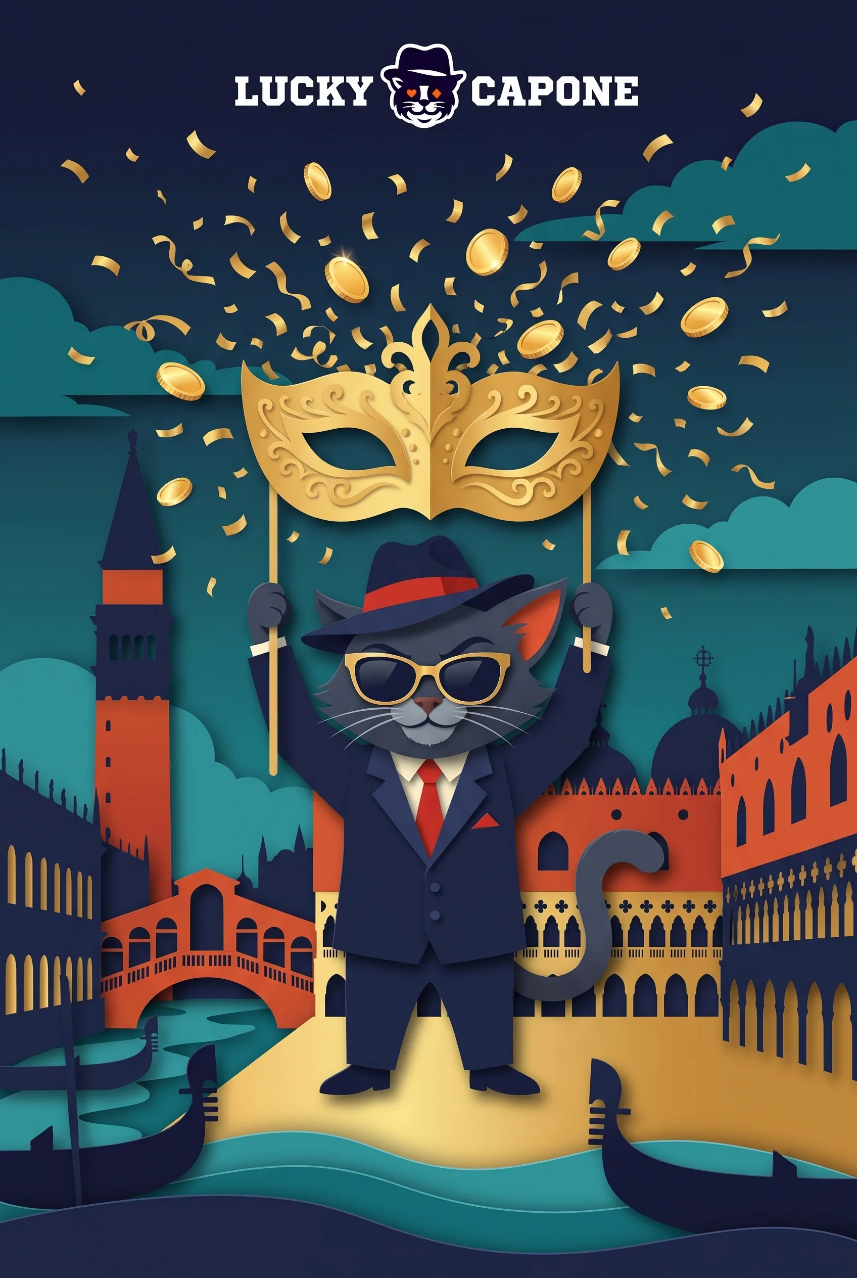 Gatto mascherato tra coriandoli dorati e palazzi veneziani